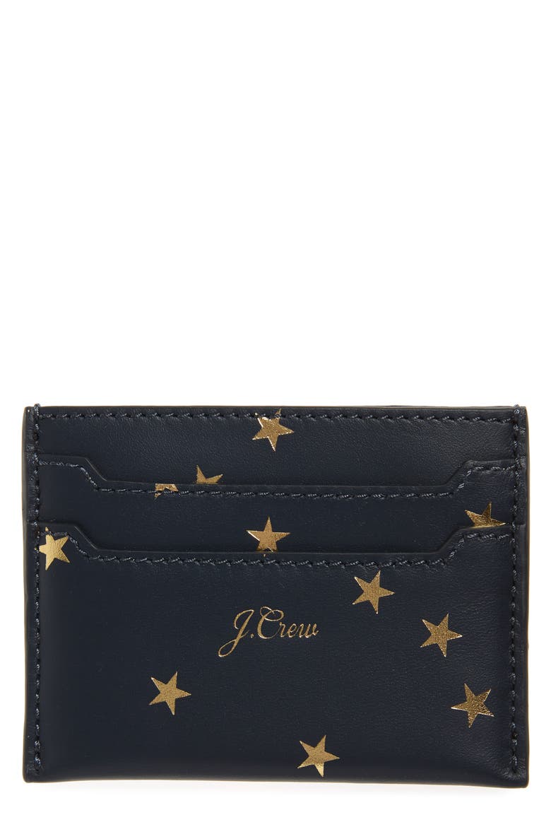 Foil Print Star Leather Slip Card Case, Main, color, NAVY