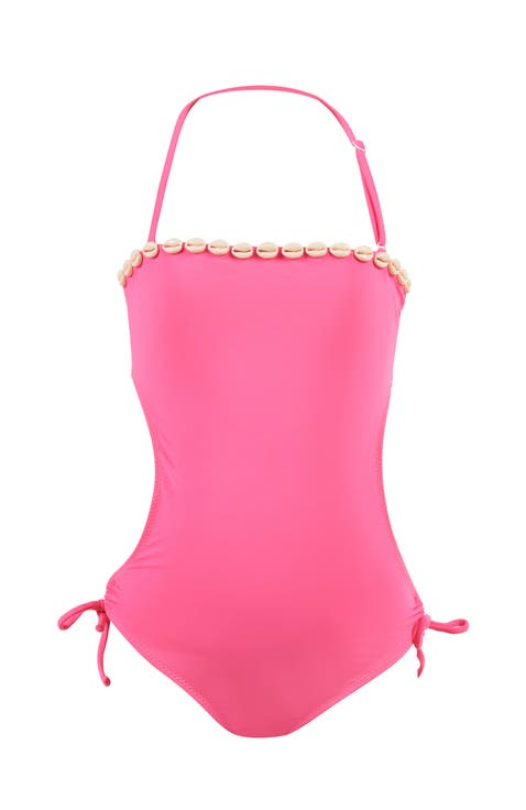 Strapless Shell-Adorned Halter with Side Ties One-Piece Swimsuit