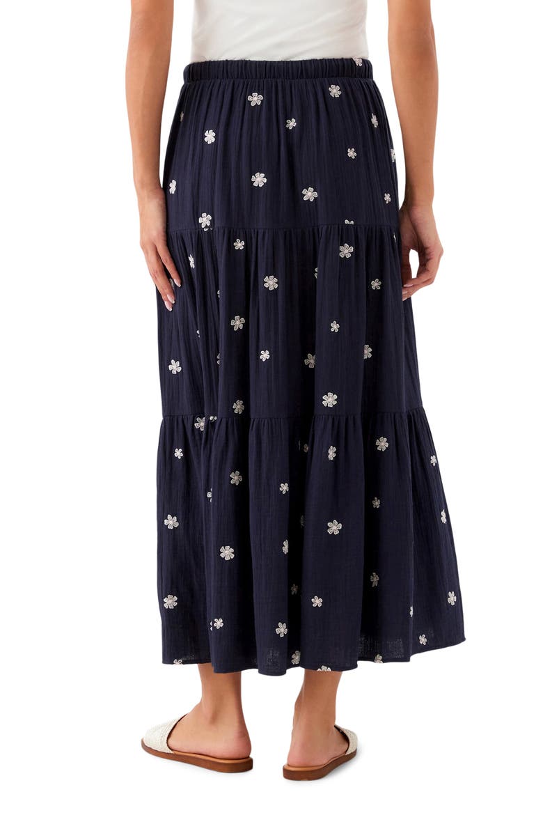 Floral Embroidered Tiered Cotton Midi Skirt, Alternate, color, NAVY