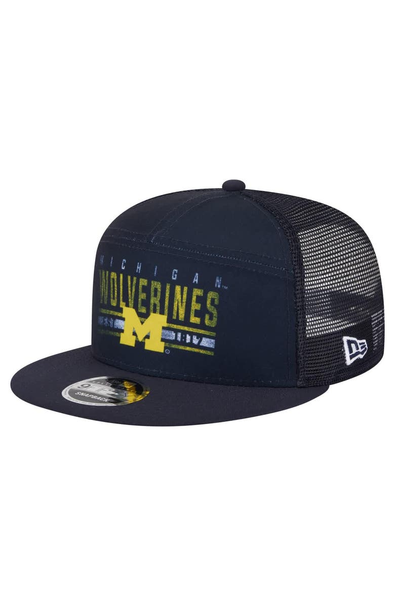 New Era Men's New Era Navy Michigan Wolverines Split Panel 9FIFTY Snapback Trucker Hat, Main, color,