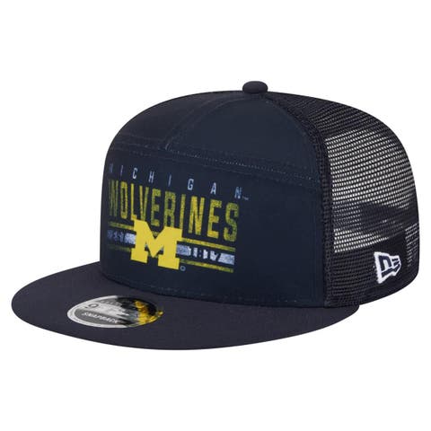 Men's New Era Navy Michigan Wolverines Split Panel 9FIFTY Snapback Trucker Hat