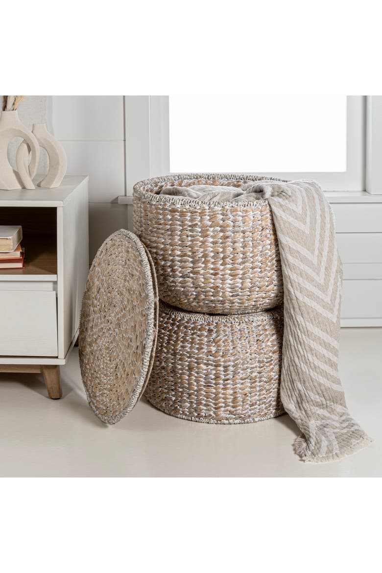 Bhola Hourglass Handwoven Hyacinth Storage Accent Table with Lid, Main, color, White Wash