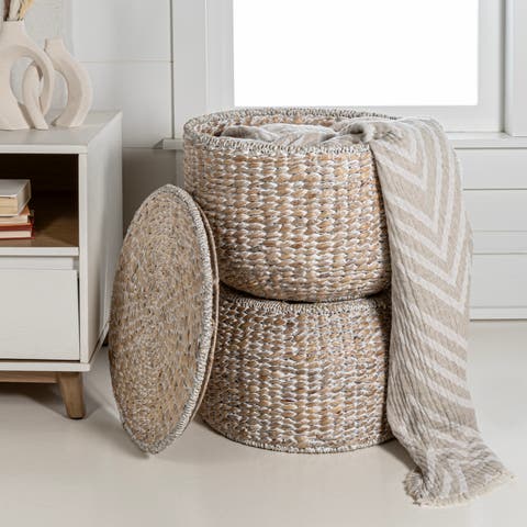 Bhola Hourglass Handwoven Hyacinth Storage Accent Table with Lid