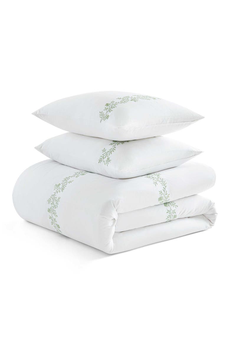 Garden Path Embroidery Cotton Duvet Set, Main, color, WHITE/ VINE GREEN