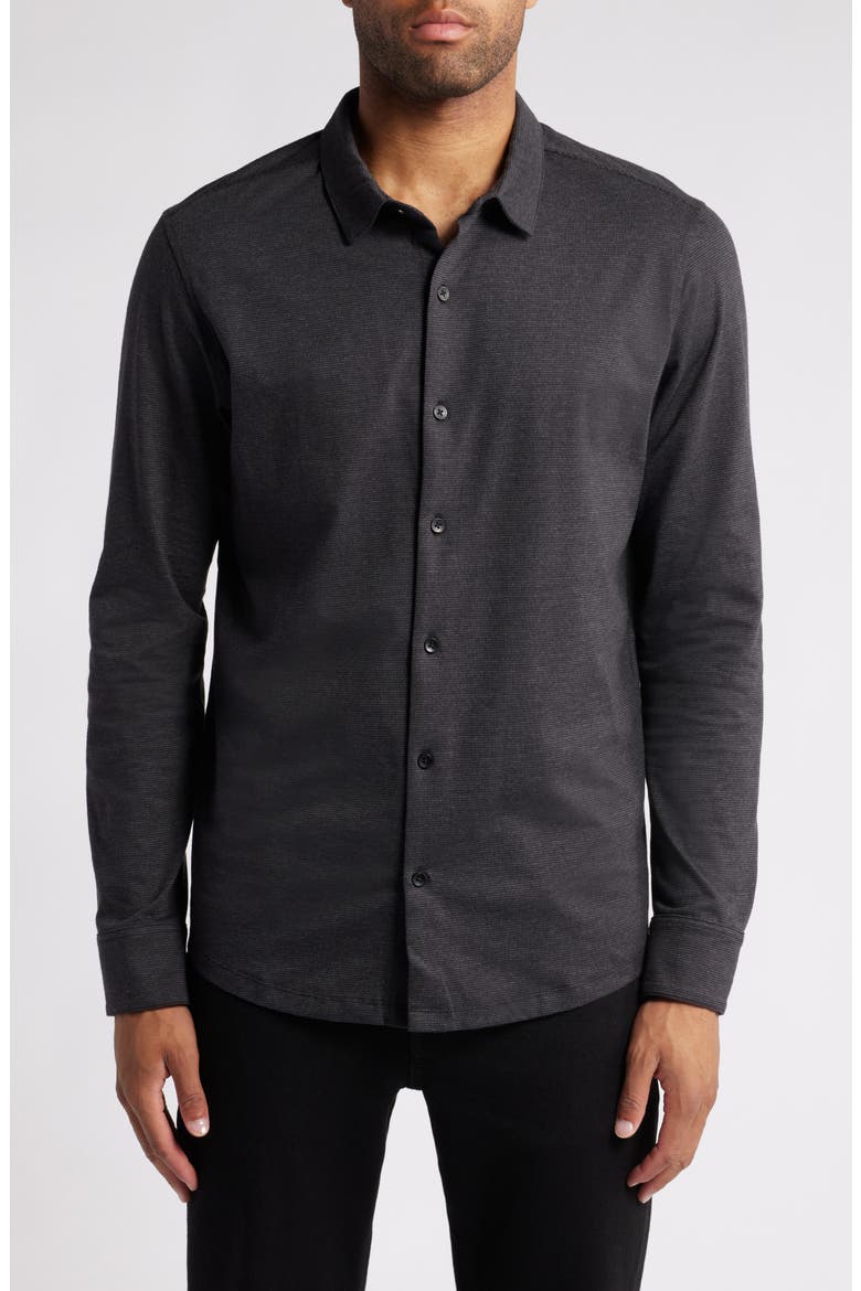 Wardlow Microstripe Cotton Blend Knit Button-Up Shirt, Main, color, BLACK