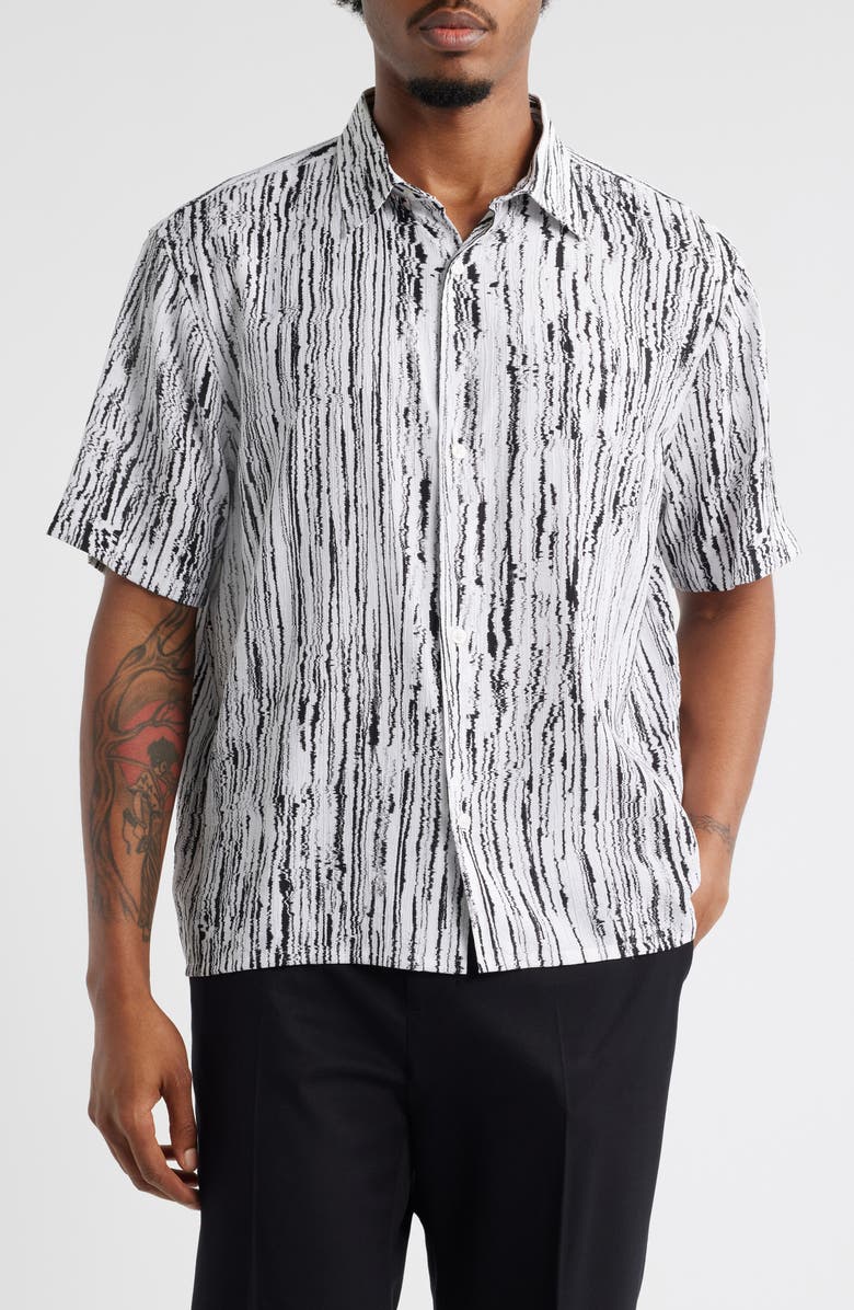 Open Edit Sizzle Stripe Short Sleeve Button-Up Shirt, Main, color, White- Black Sizzle Stripe