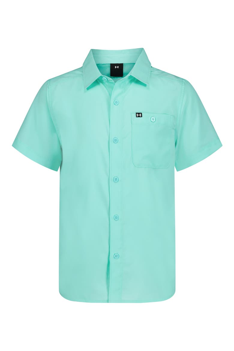 Kids' UA Drift Tide Fish Short Sleeve Performance Button-Up Shirt, Main, color, NEO TURQUOISE