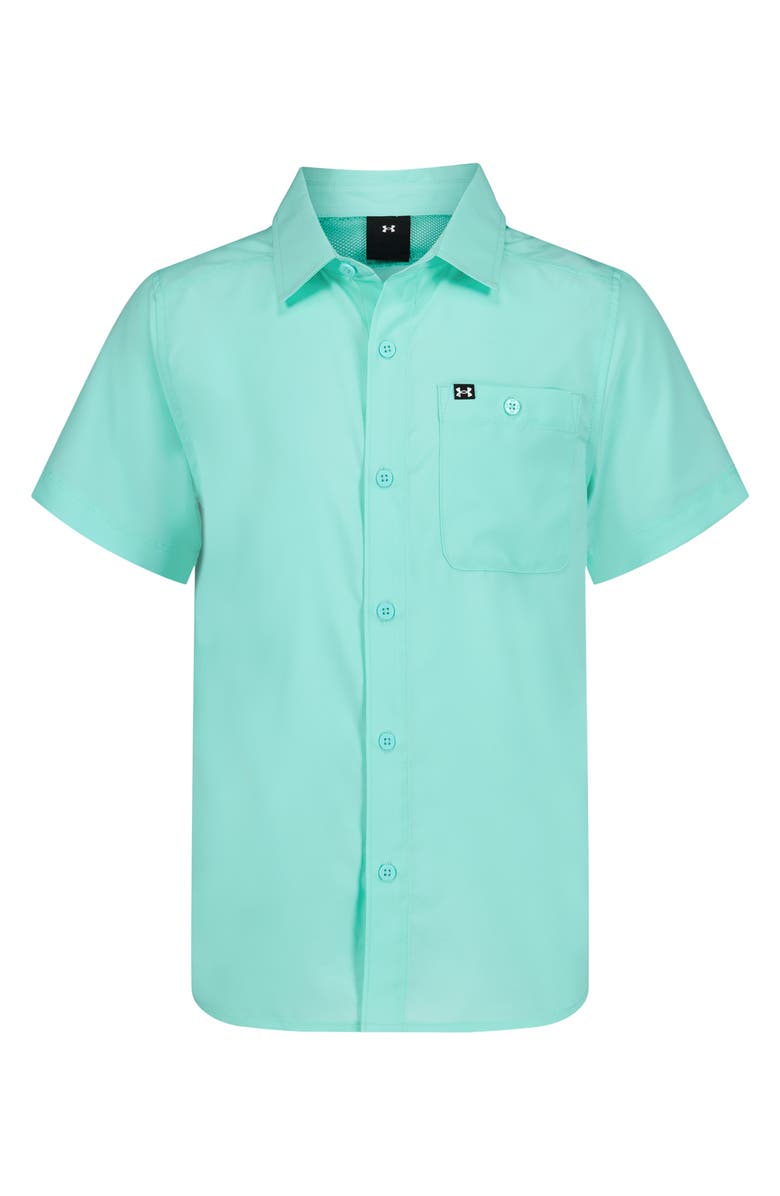 Under Armour Kids' UA Drift Tide Fish Short Sleeve Performance Button-Up Shirt, Main, color, Neo Turquoise