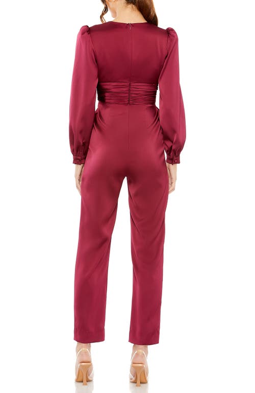 Mac Duggal Front Twist Puff Sleeve Deep V Jumpsuit In Red