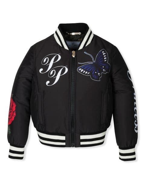 Graphic Print Padded Satin Nylon Bomber Jacket Girl