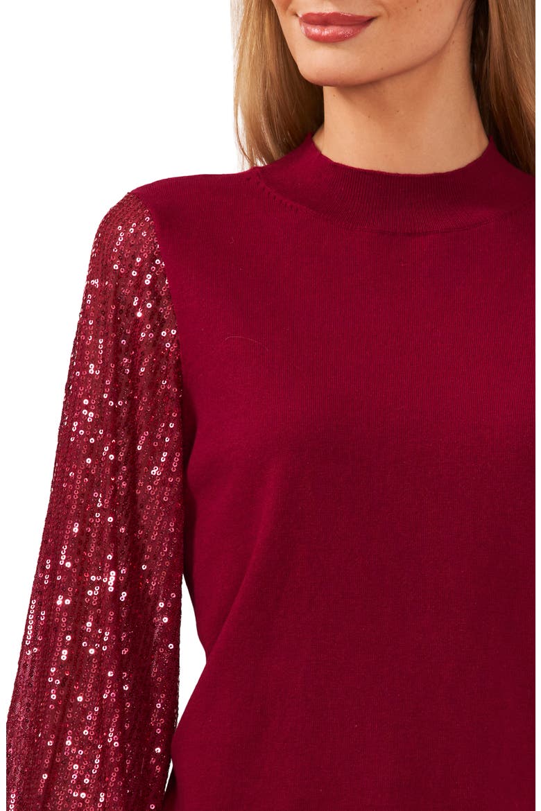 Sequin Sleeve Mock Neck Sweater, Alternate, color, DEEP MERLOT
