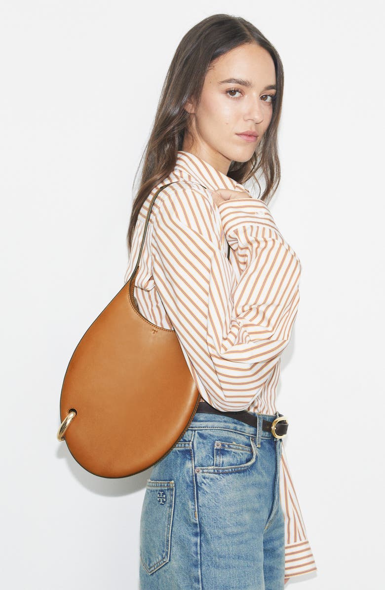 Tory Burch Small Pierced Leather Shoulder Bag, Alternate, color, Aged Tan