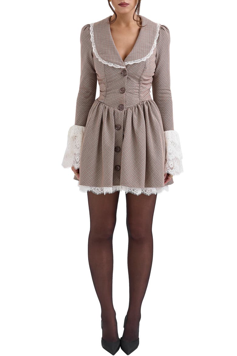 Sable Puppytooth Check Long Sleeve Lace Trim Minidress, Main, color, BROWN CHECK