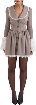 HOUSE OF CB Sable Puppytooth Check Long Sleeve Lace Trim Minidress