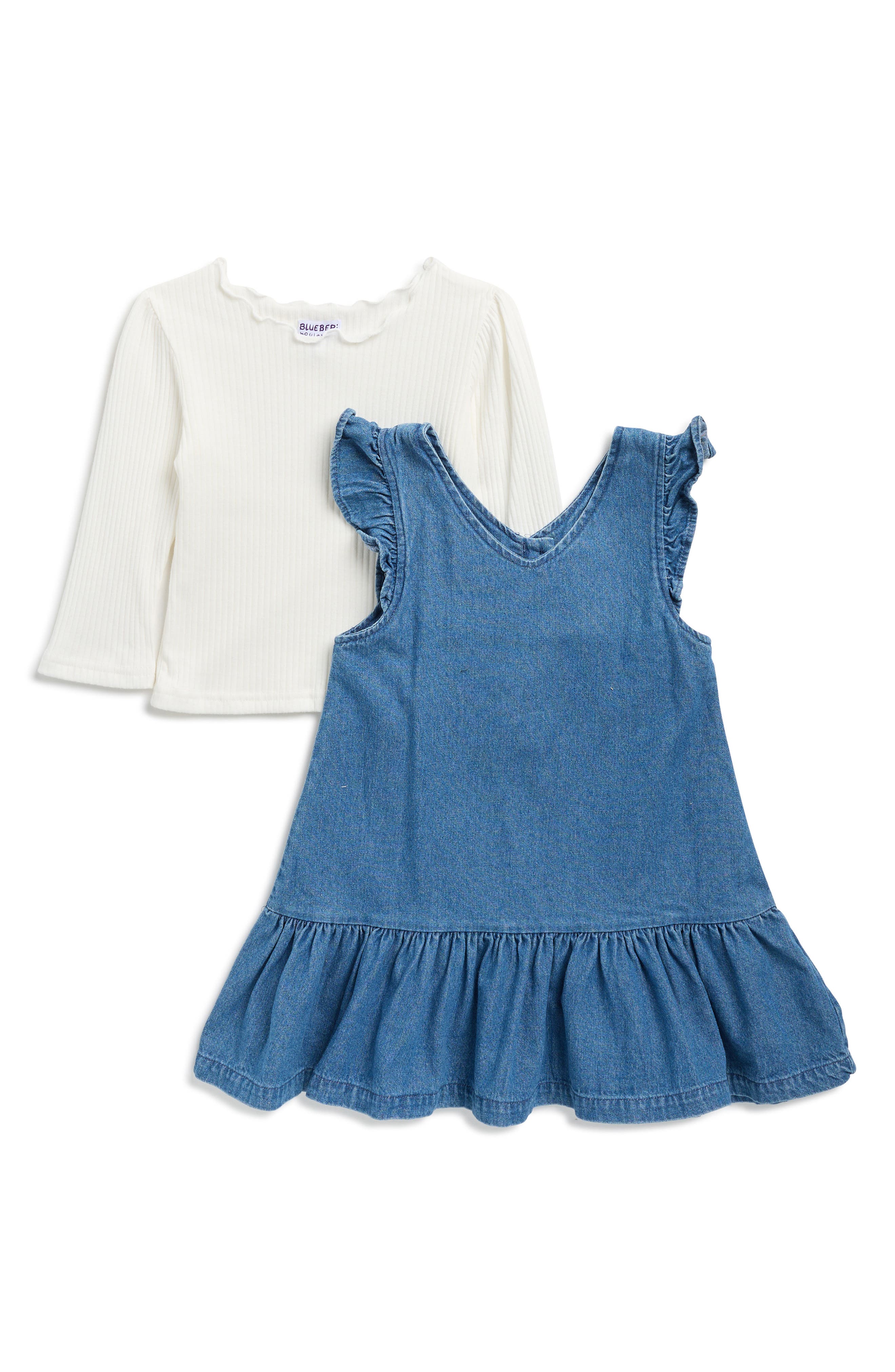 BLUEBERRY Kids' Lettuce Edge Long Sleeve Top & Ruffle Denim Dress Set