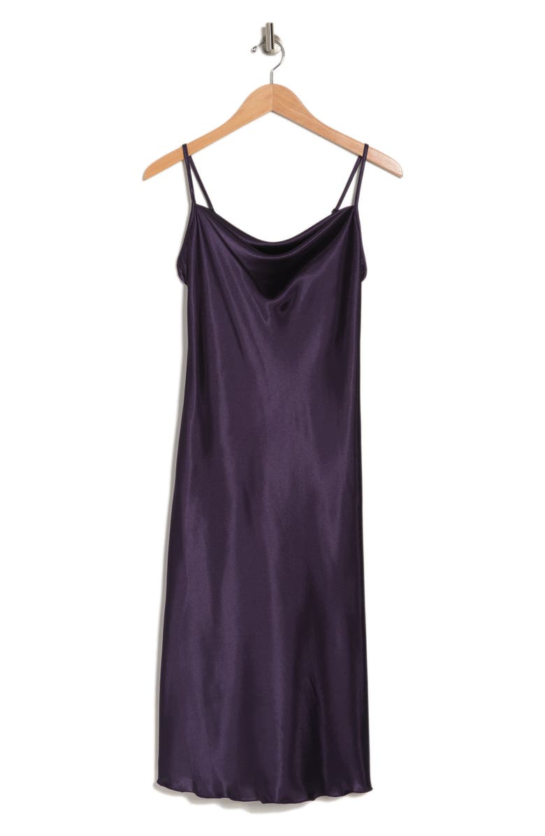 bebe Satin Cowl Neck Midi Dress, Alternate, color, Plum