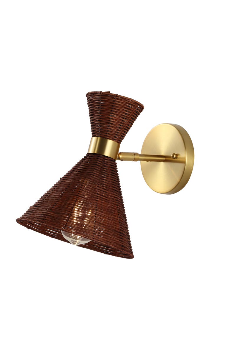 Zoey 1-Light Mid-Century Vintage Retro Rattan/Metal LED Sconce with Adjustable Shade, Main, color, Brass Gold/Dark Brown