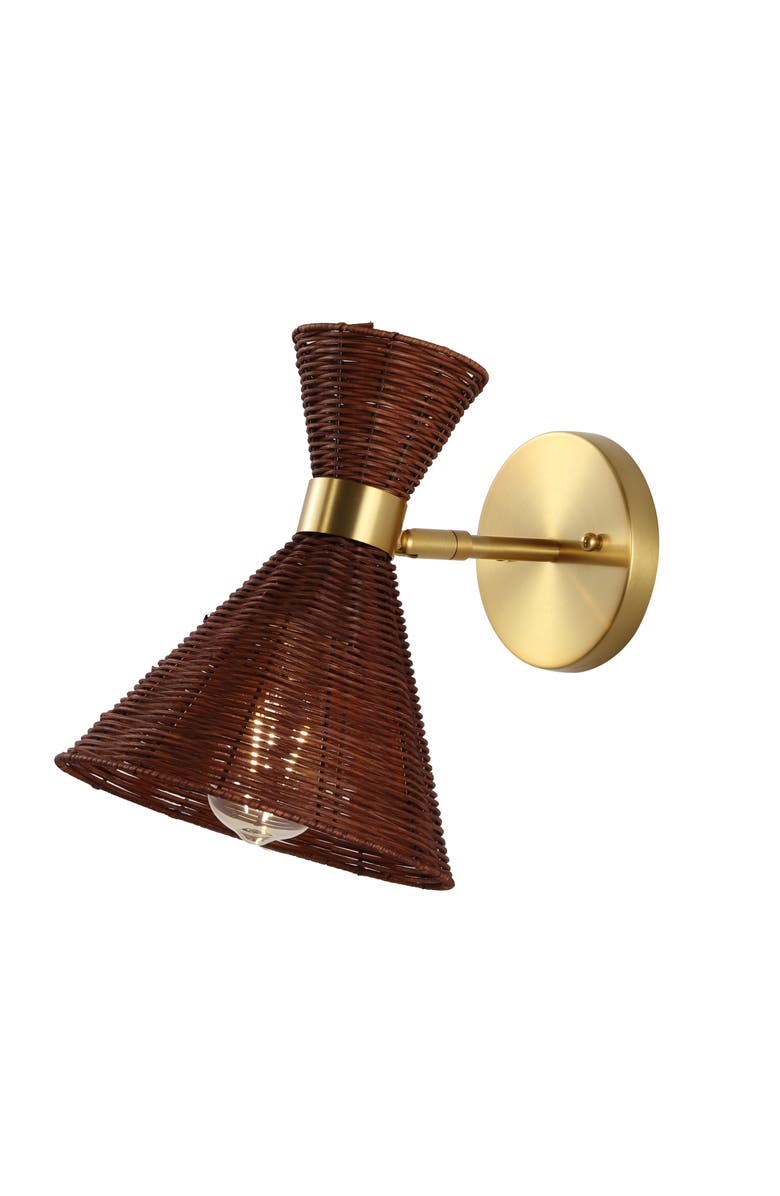 JONATHAN Y Zoey 1-Light Mid-Century Vintage Retro Rattan/Metal LED Sconce with Adjustable Shade, Main, color, Brass Gold/Dark Brown