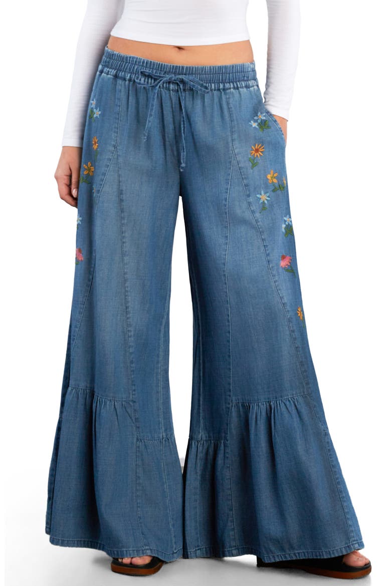 Embroidered Butterfly Drawstring Wide Leg Jeans, Main, color, VINTAGE DENIM