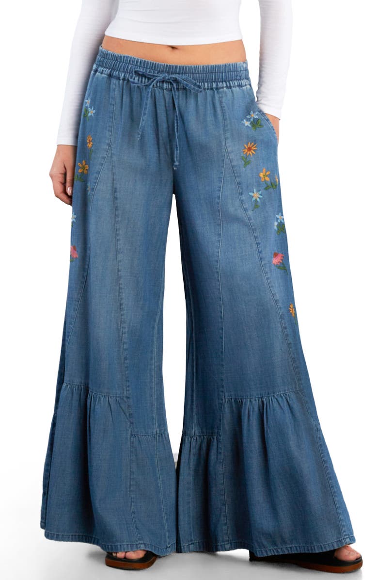 Billy T Embroidered Butterfly Drawstring Wide Leg Jeans, Main, color, Vintage Denim