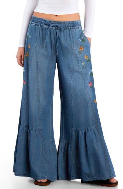 Embroidered Butterfly Drawstring Wide Leg Jeans