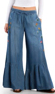 Billy T Embroidered Butterfly Drawstring Wide Leg Jeans