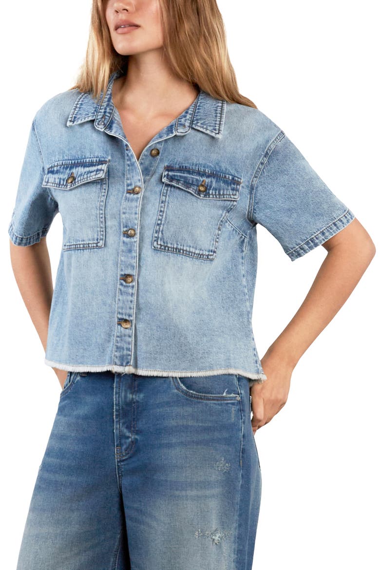 Emily Frayed Short Sleeve Denim Button-Up Shirt, Alternate, color, RELAXED BLUE