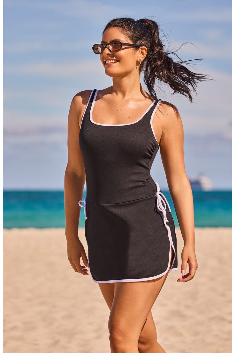 Chlorine Resistant Spa Squareneck Swimdress, Alternate, color, Black