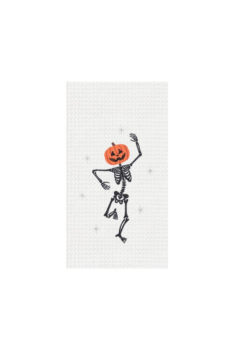 Dancing Jack O' Lantern Skeleton Halloween Embroidered 100% Cotton Waffle Weave Kitchen Dishtowel, Main, color, Orange