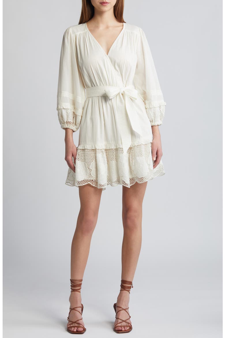 Jill Tie Waist Long Sleeve Organic Cotton Minidress, Main, color, IVORY