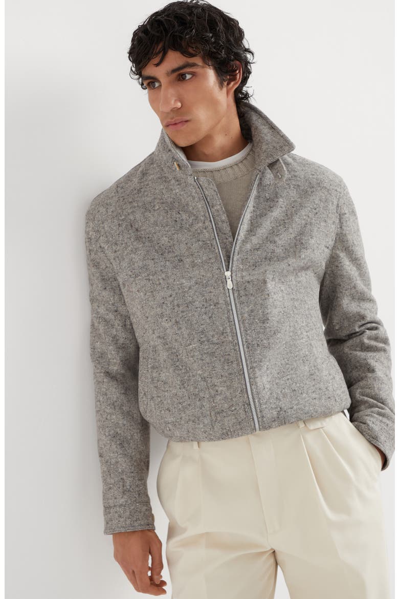 Virgin wool and silk donegal bomber jacket with Themore® padding, Alternate, color, Stone Grey