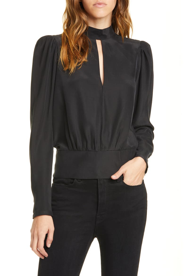 Keyhole Silk Satin Top, Main, color, NOIR