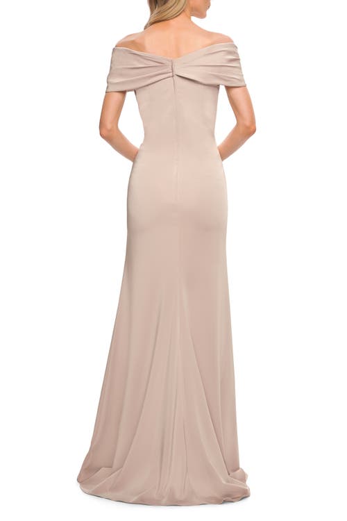La Femme Simply Chic Off The Shoulder Jersey Gown In Champagne
