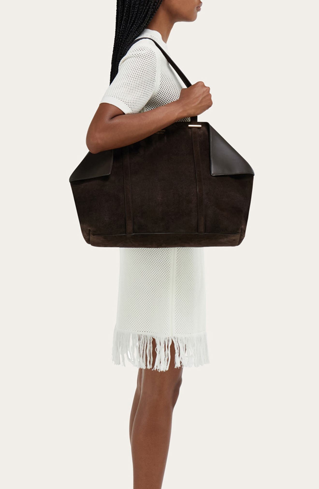 FERRAGAMO Large Folded Suede Tote, Alternate, color, Testa Di Moro