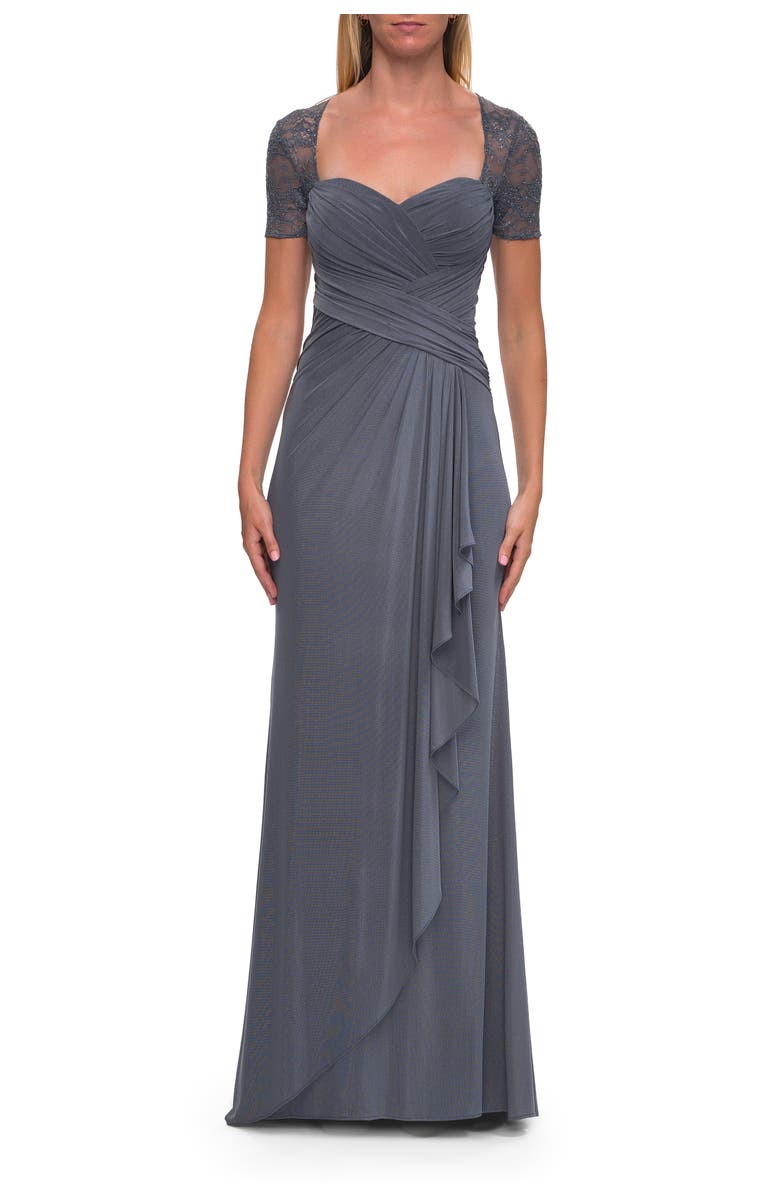 La Femme Ruched Lace Bodice Gown with Draped Skirt, Main, color, Slate