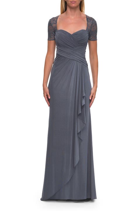 Ruched Lace Bodice Gown with Draped Skirt