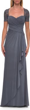 La Femme Ruched Lace Bodice Gown with Draped Skirt