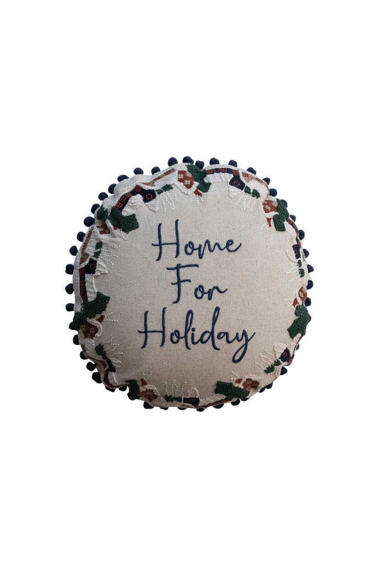 Cotton & Linen Pillow with Embroidered Houses Pattern, Multicolor, Main, color, Multicolor