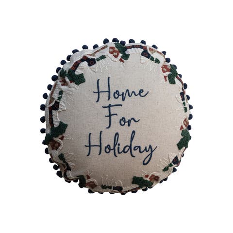 Cotton & Linen Pillow with Embroidered Houses Pattern, Multicolor