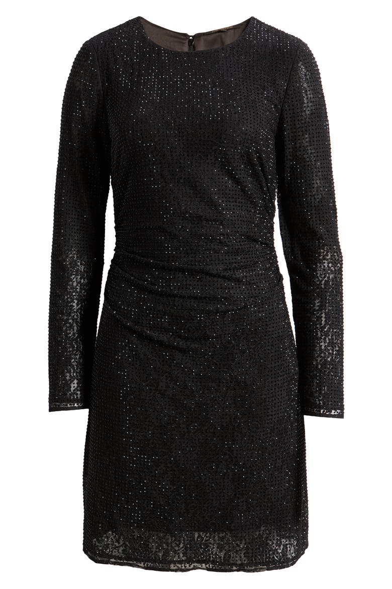 Inverse Sequin Ruched Long Sleeve Lace Minidress, Alternate, color, BLACK
