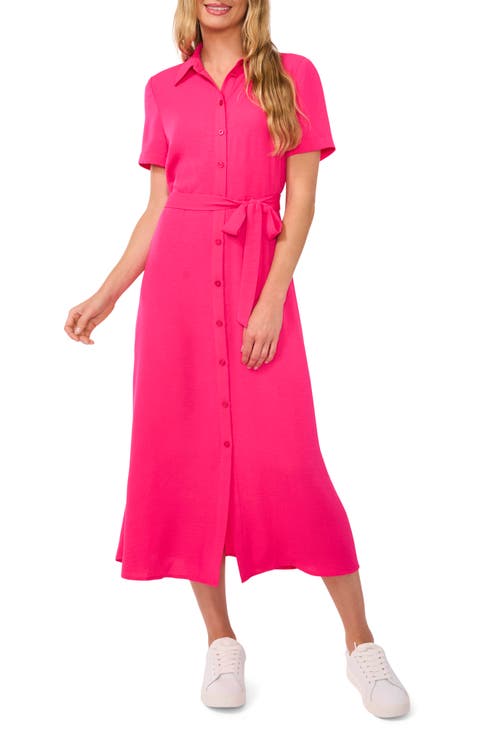 Tie Belt Button-Up Twill Midi Dress