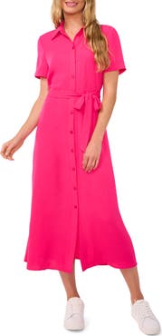CeCe Tie Belt Button-Up Twill Midi Dress