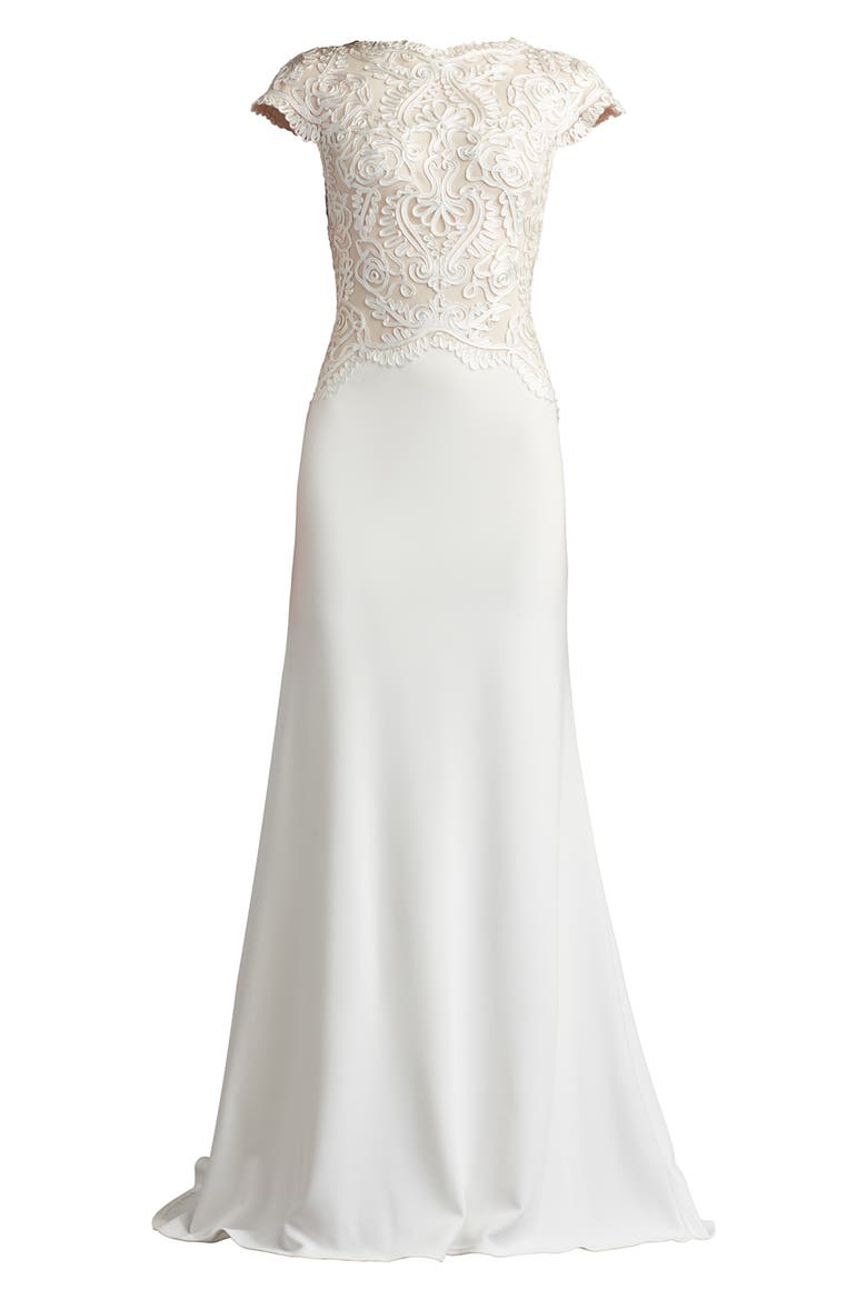 Soutache Lace Cap Sleeve Trumpet Gown, Alternate, color, IVORY/ PETAL