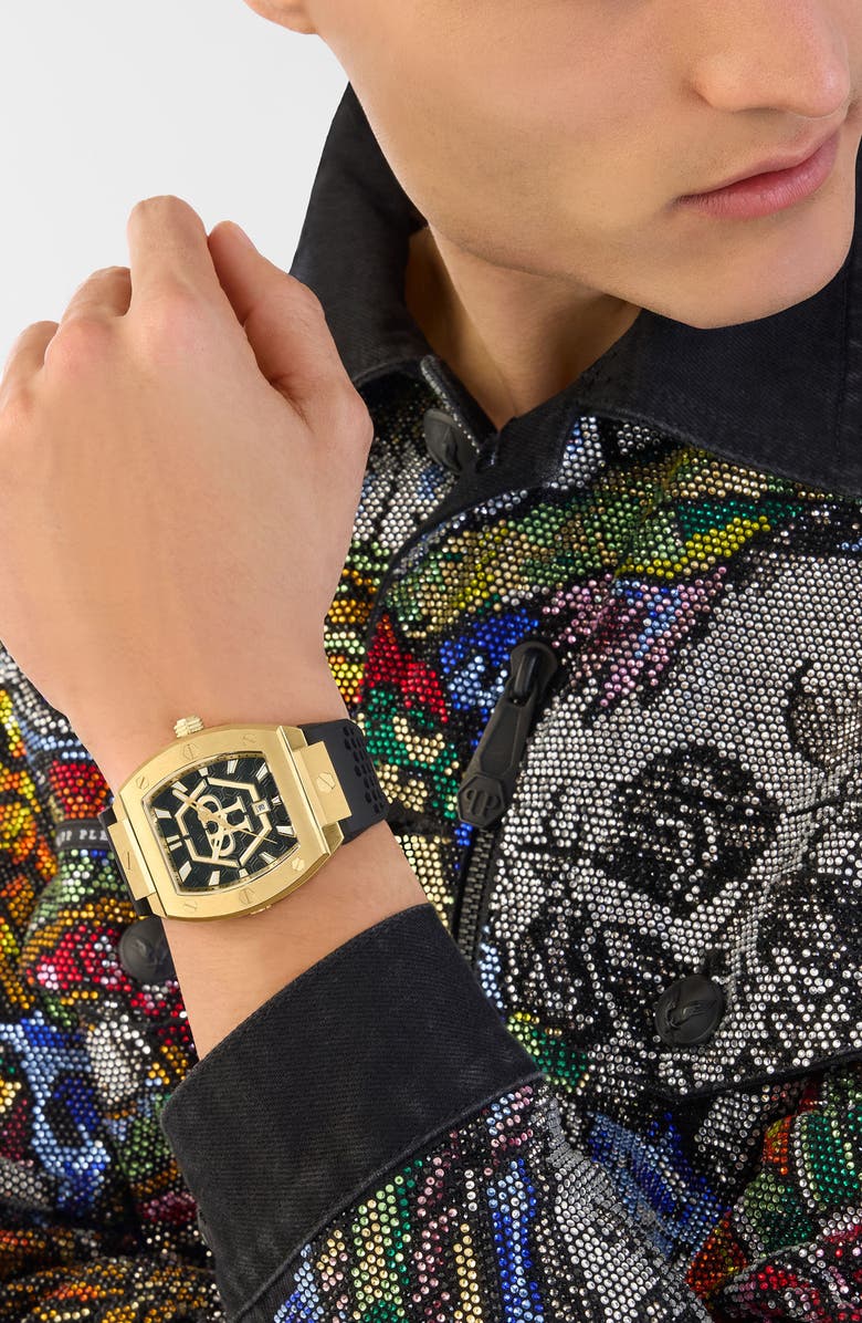 PHILIPP PLEIN The Hexagon Phantom Silicone Strap Watch, 44mm x 56.2mm, Alternate, color, Ip Yellow Gold