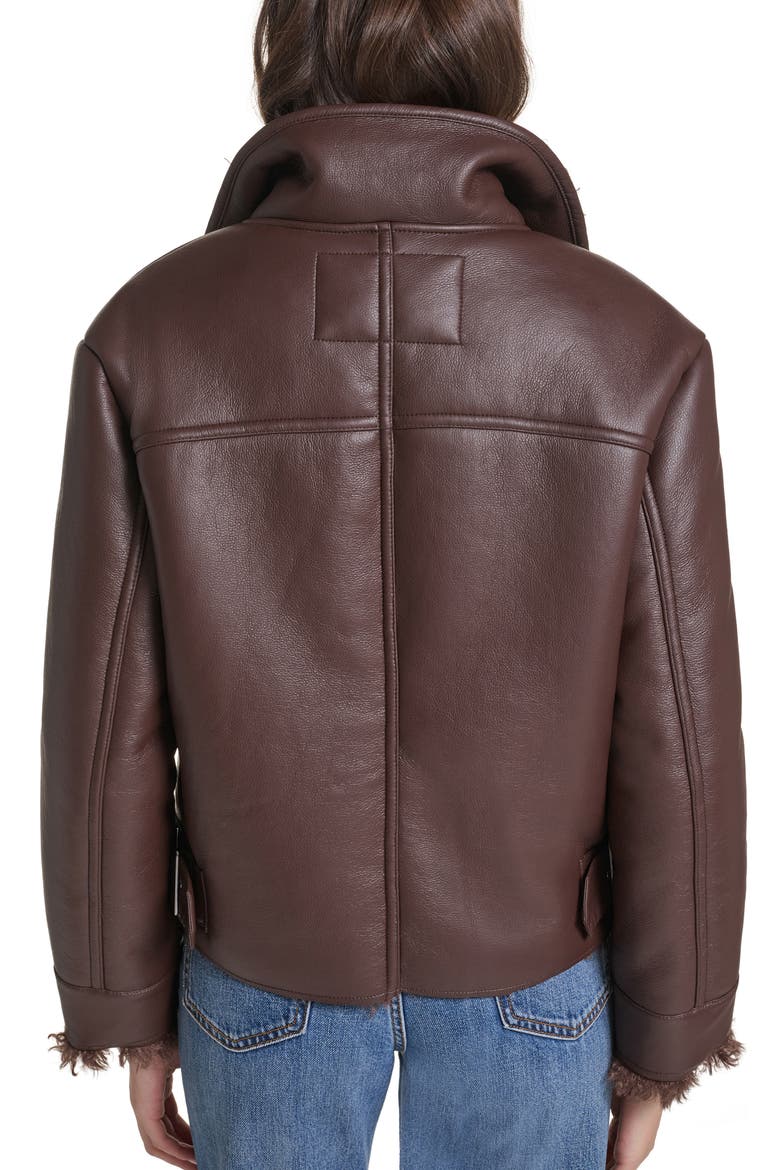 Faux Leather Cropped Jacket with Faux Shearling Lining, Alternate, color, BROWN