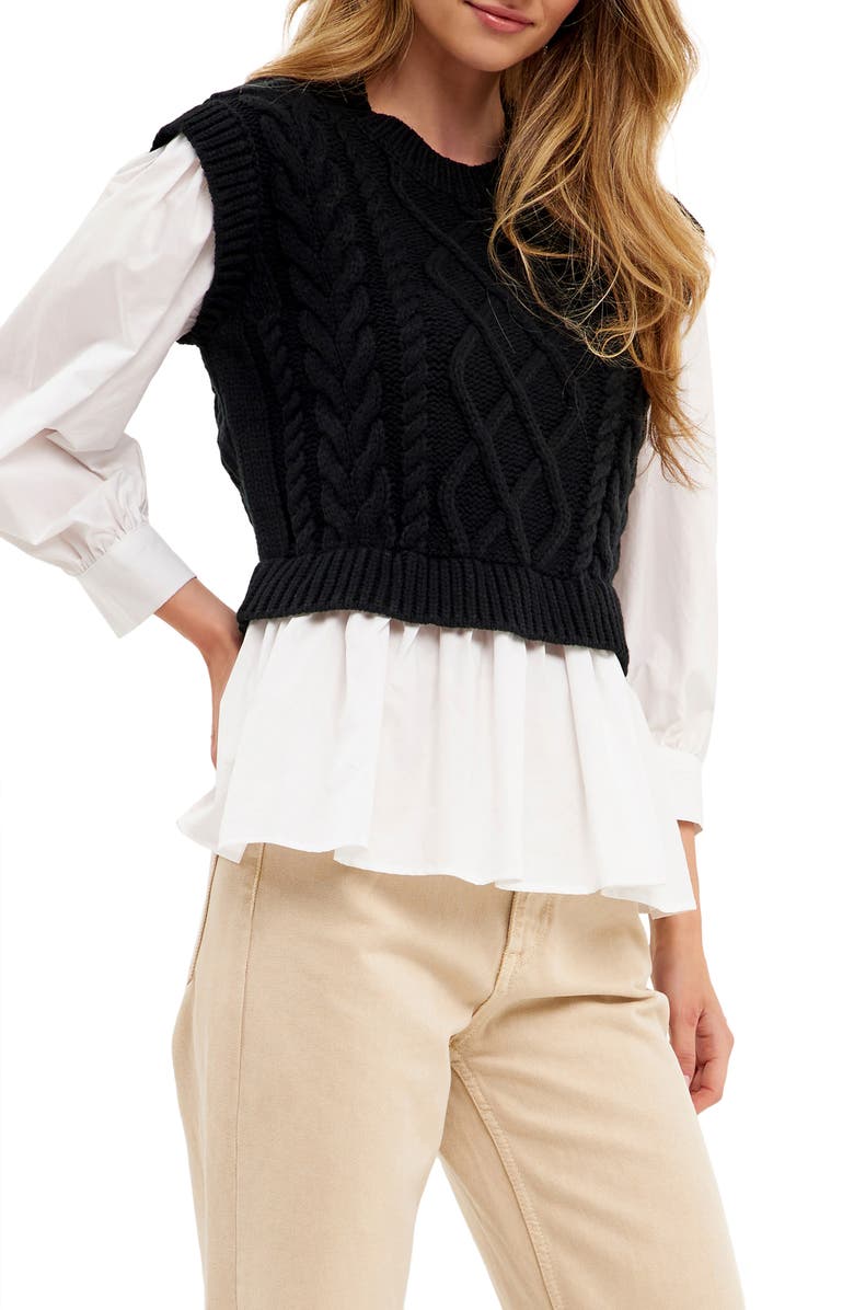 English Factory Mixed Media Cable Sweater, Alternate, color,