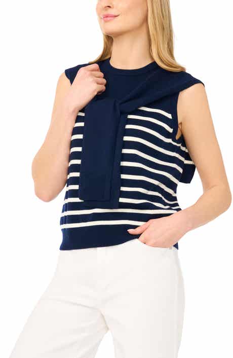 Stripe Front Tie Sleeveless Sweater