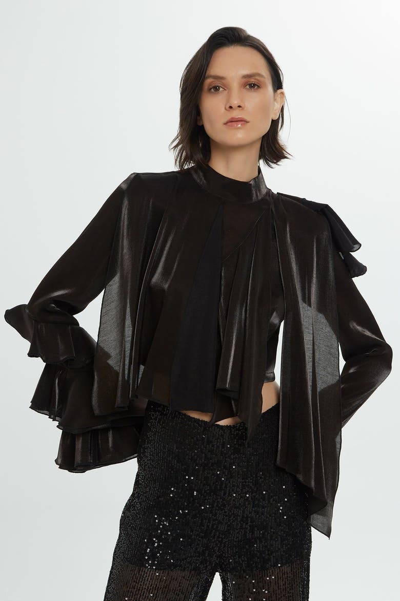 Back Zipper Ruffled Detail Black Blouse, Main, color, Black