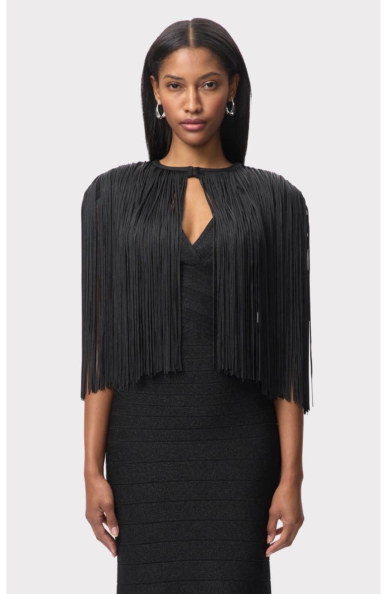 Herve Leger Icon Fringe Cape, Main, color, Black