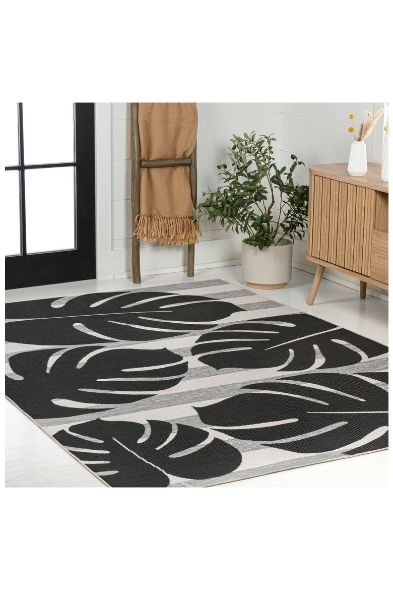 Allison Classic Beach Stripe and Monstera Leaf Indoor/Outdoor Rug, Alternate, color, Black/Gray